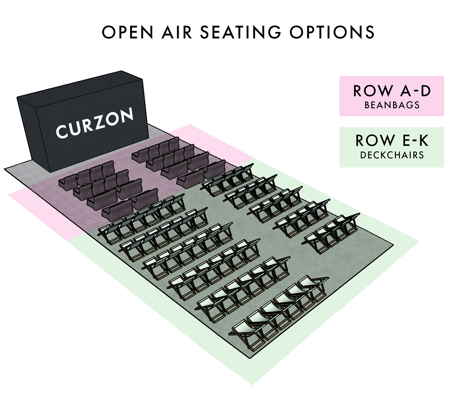 Seating plan for Open Air Screen. Rows A to D at the front are beanbags and rows E to K at the back are deckchairs.