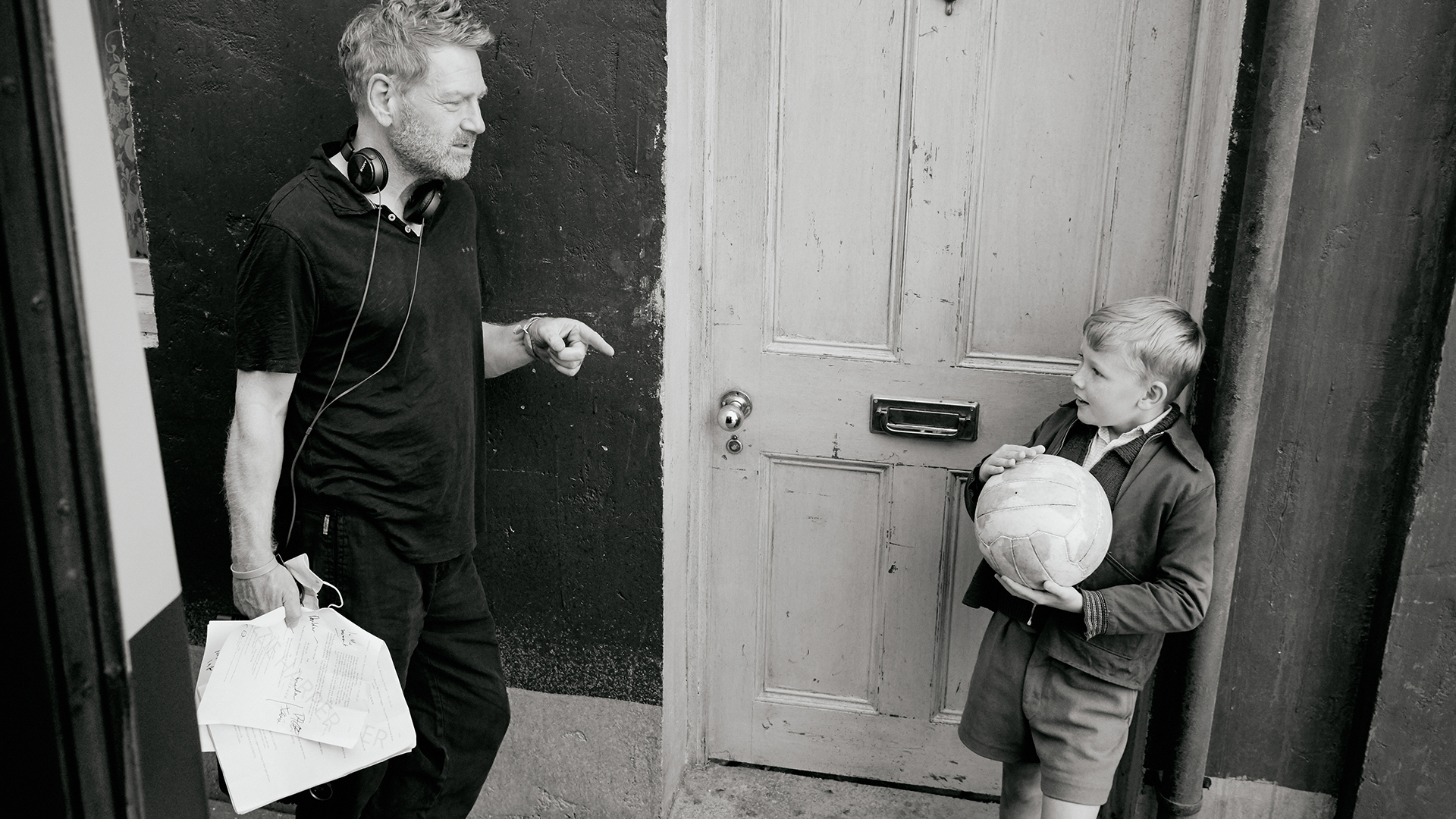 Kenneth Branagh on the set of Belfast with Jude Hill