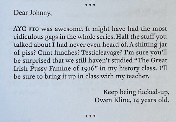 Owen Kline's letter to Johnny Ryan
