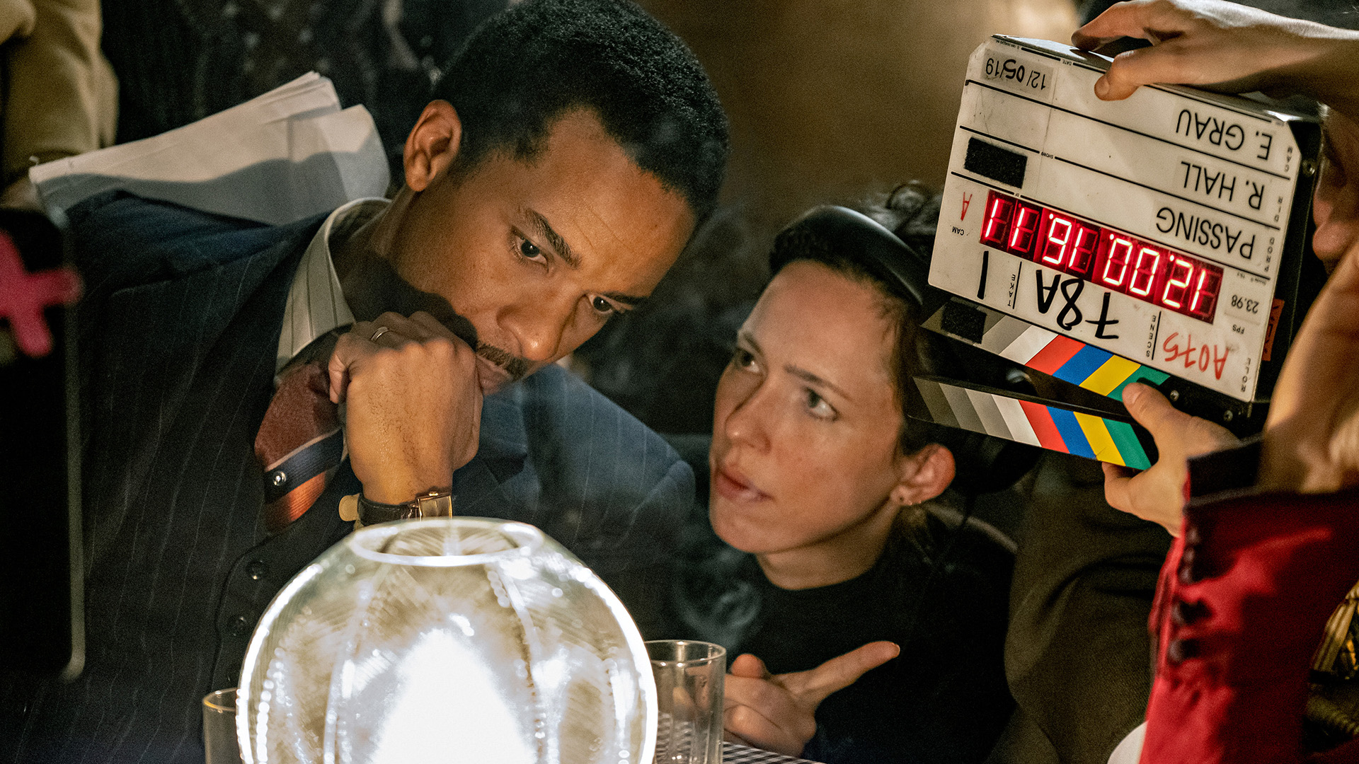 Rebecca Hall on the set of Passing (2021) with André Holland